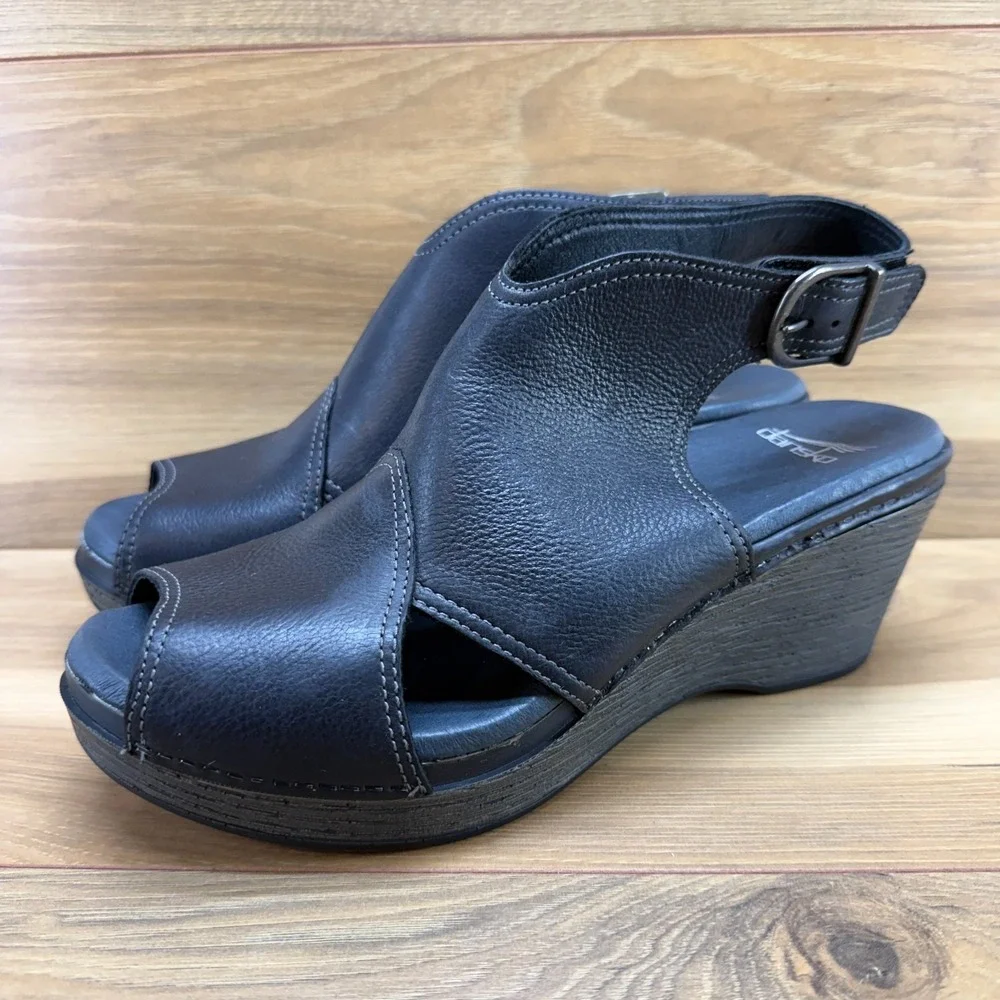 DANSKO Vanda Wedge Sandals Peep Toe 11‎ EU 41 Black Leather Walking Vacation